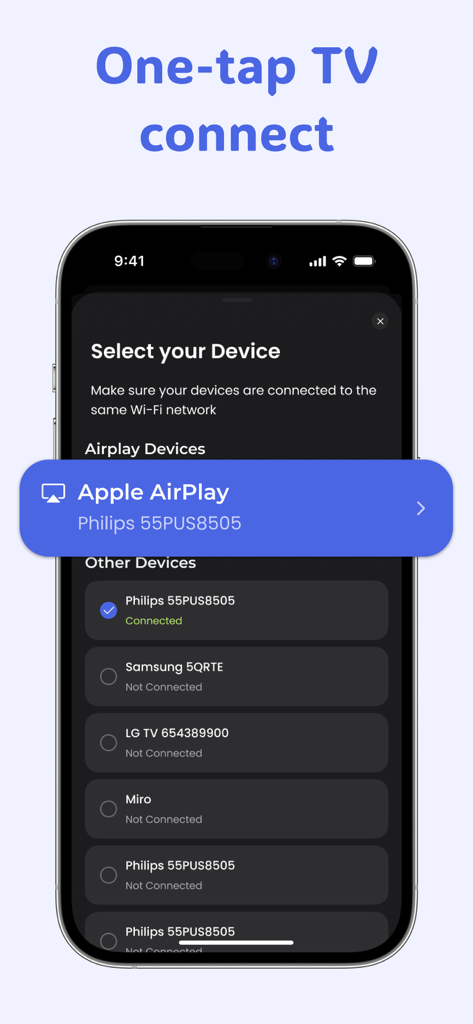 Ein iPhone-Bildschirm zeigt das Menü zur Gerätauswahl für die Screen Mirroring Pro App mit Optionen für Apple AirPlay und verschiedene Smart-TVs wie Samsung und LG.