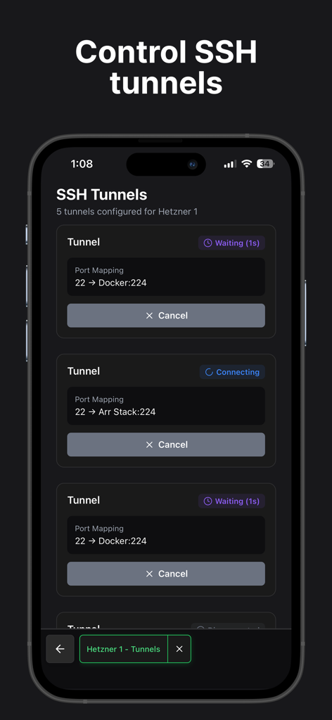 Termix - SSH Companion - Interface of the Termix app showing a list of SSH tunnels with port mappings and connection status.
