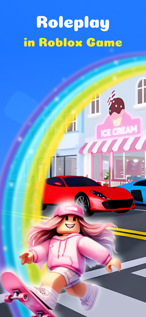 Clothes for Roblox Skins Maker - A Roblox avatar in custom pink clothes on a skateboard in a vibrant city setting with a rainbow.