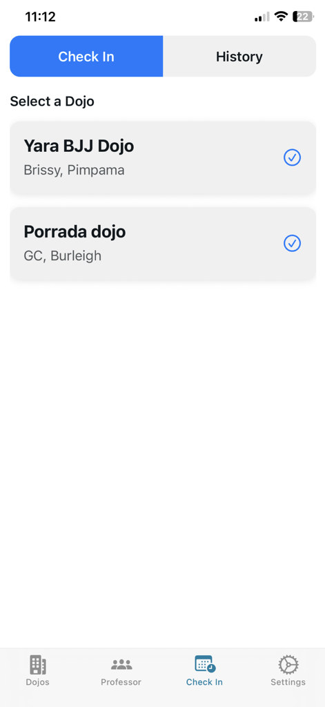 A mobile app screen for martial arts students to select a dojo and check into their class.