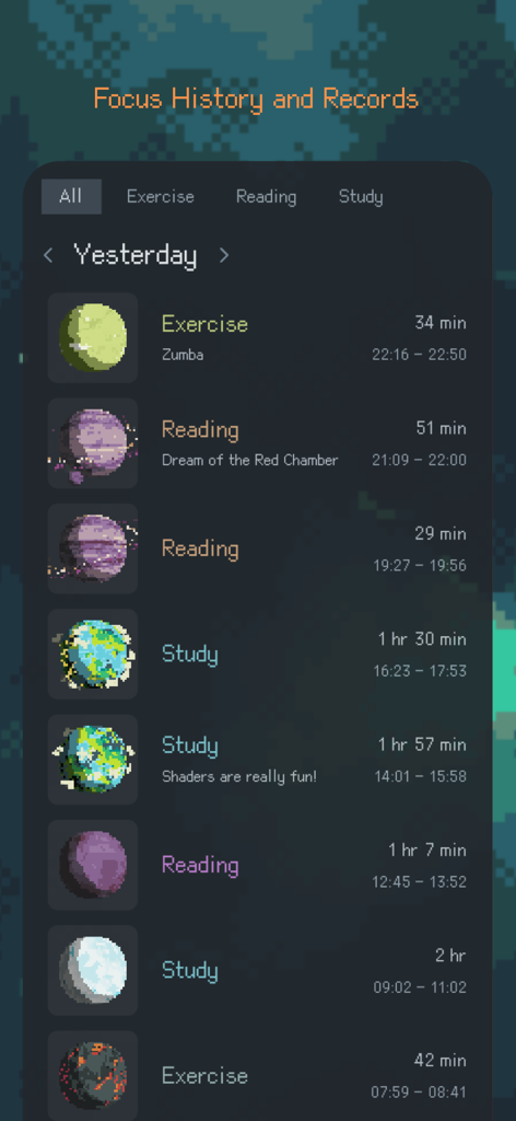 Exocus | Painless Focus - Una pantalla de historial de enfoque que muestra una lista de actividades pasadas como ejercicio, lectura y estudio, cada una representada por un planeta único de pixel art.