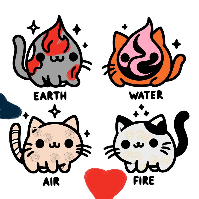4 cats that represent the different elements, earth, water, air, and fire