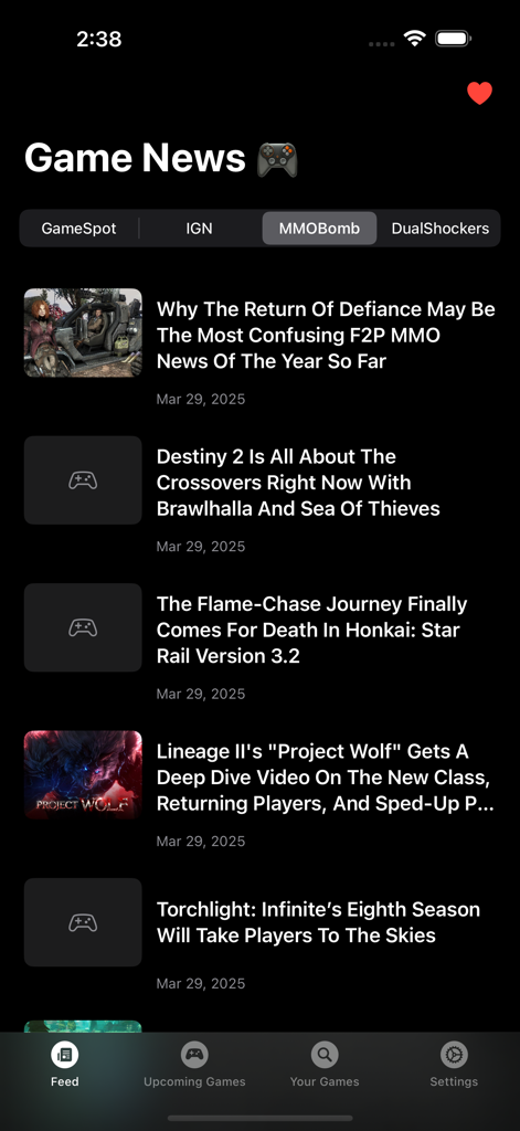 XP Game News - A mobile app interface displaying a gaming news feed with articles from various sources and a dark mode theme.