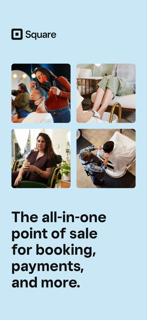 Square Appointments: Scheduler - Square Appointments marketing graphic featuring service professionals and text describing the all in one point of sale for booking and payments
