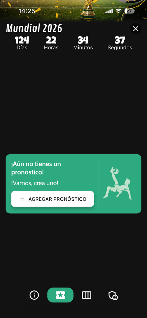 Quiniela PRO - World Cup 2026 countdown and prediction screen in Quiniela PRO app