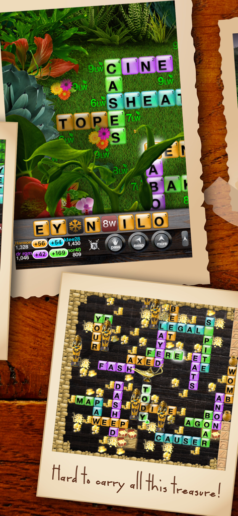 World of Words mobile game screenshots showing jungle and egyptian themed crossword levels with various letter tiles and power ups