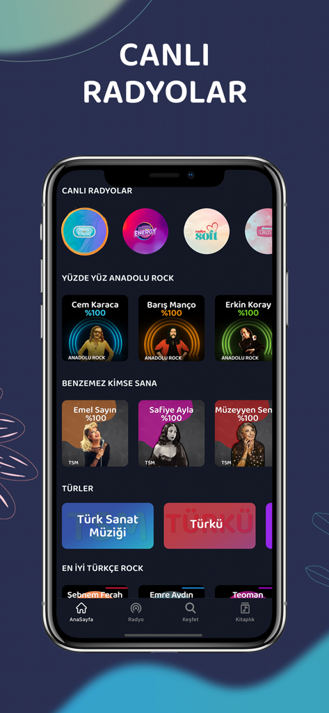 Interface do aplicativo 724 Dinle exibindo estações de rádio ao vivo e várias categorias de música turca.