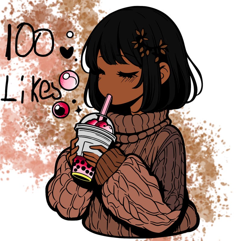 manga girl drinking boba in cozy sweater