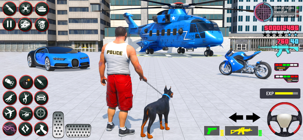 US Police Car Transport Game - Character in a police vest with a dog near a sports car and helicopter