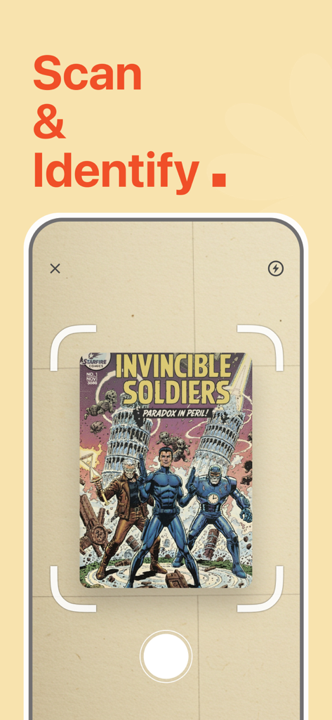 ComicSnap: Identify Comic Book - Cámara de smartphone escaneando la portada de un cómic para su identificación usando la aplicación ComicSnap
