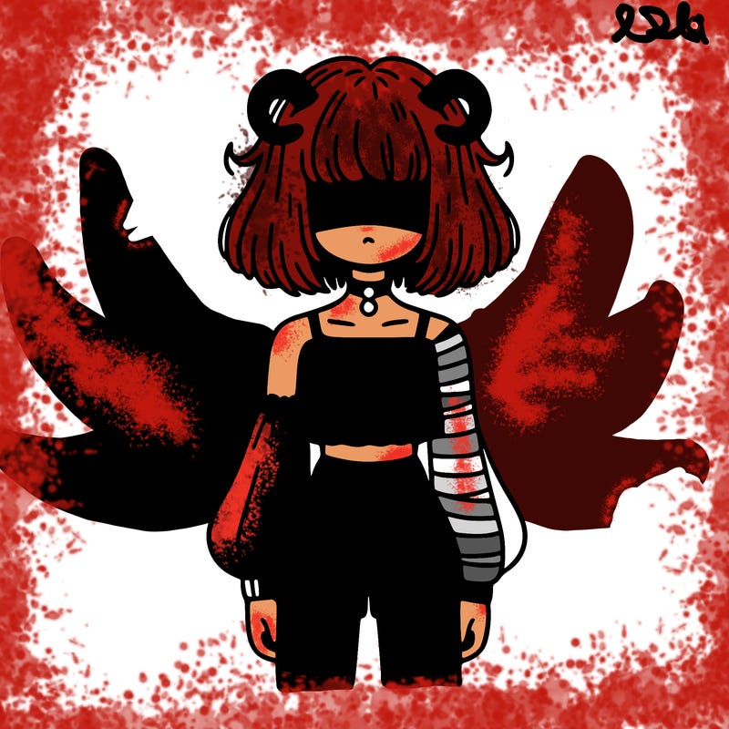 girl whith hair over there eyes small horns crop top one bandaged sleeve one long and striped sleeve shorts fish nets and short hair