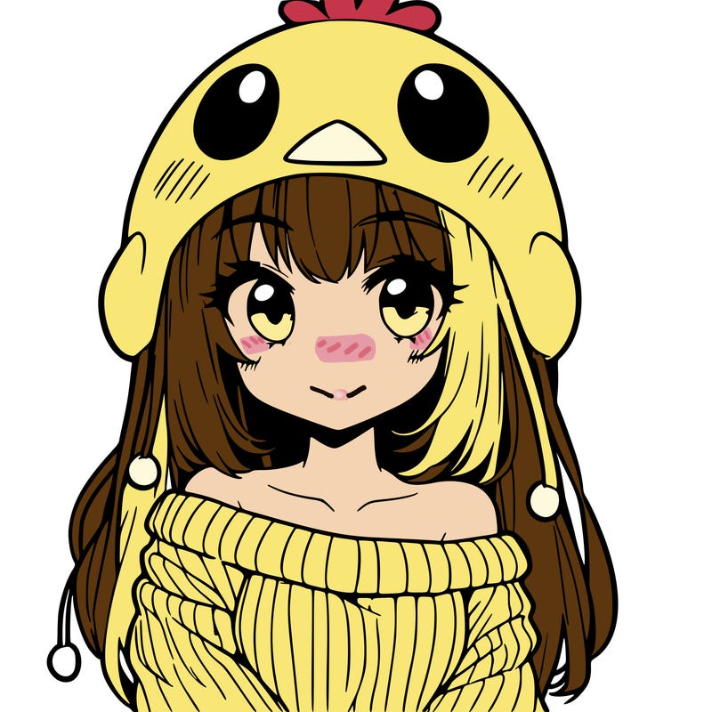 anime girl with chick shaped hat with sweater with bare shoulders with bangs covering them one eye with low tail