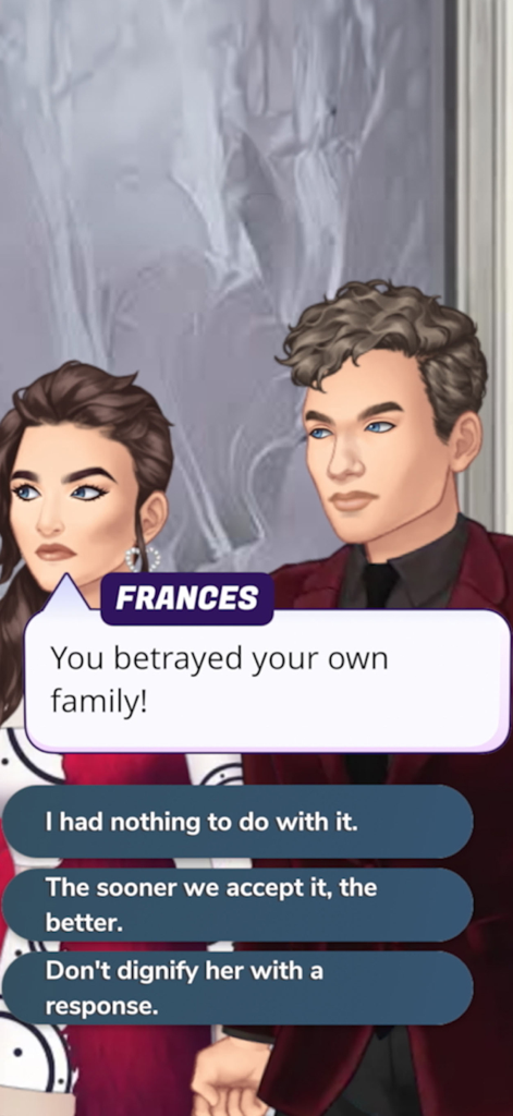 Secrets by Episode NETFLIX - Schermata di dialogo interattivo dal gioco Secrets by Episode NETFLIX in cui i personaggi si confrontano su un tradimento familiare con tre scelte per il giocatore.