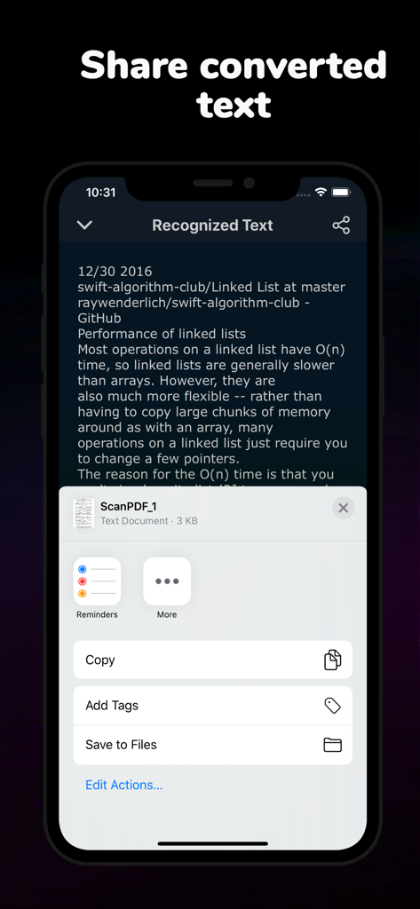 OCRテキスト認識結果とiOS共有オプションを表示する最高のPDFスキャナーアプリ画面