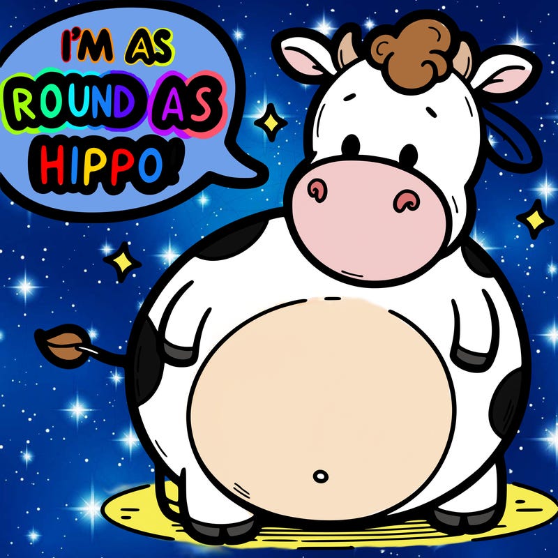 fat chubby cow saying “ i’m as round as a hippo!”