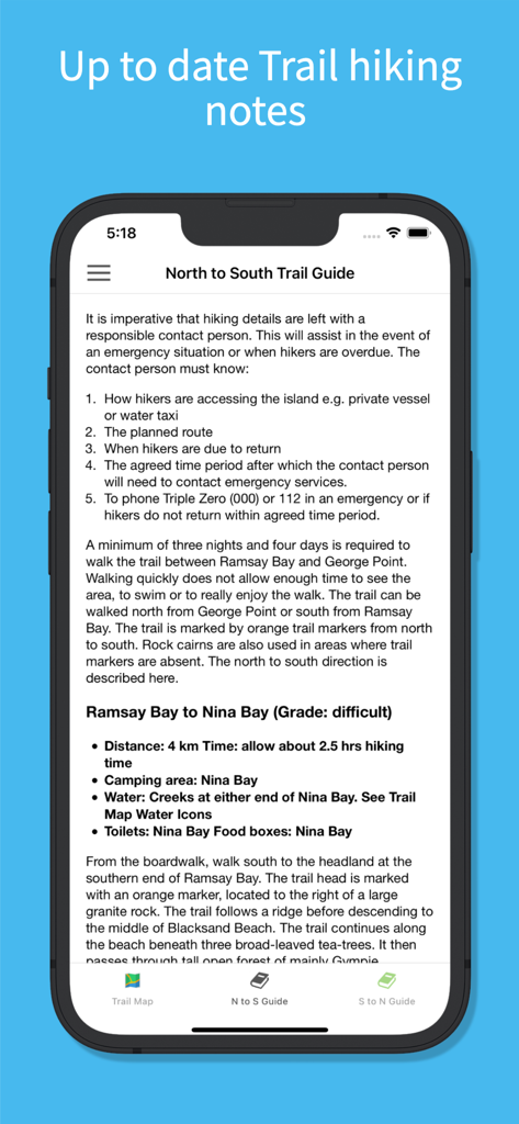 Notes du guide de randonnée Thorsborne Trail sur l'application mobile