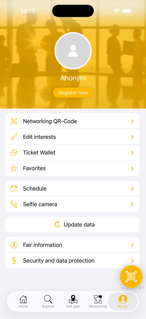 h+h cologne - O painel 'Minha Feira' no aplicativo h+h cologne, mostrando o perfil e as ferramentas de networking