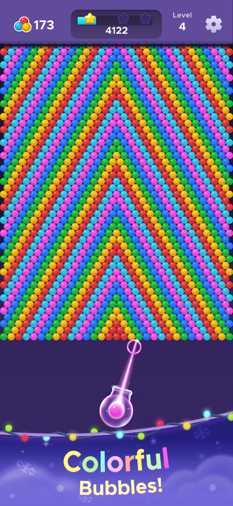Bubble Relax: Pop Shooter - Une grille vibrante de bulles colorées en forme de V avec un lance-bulles visant depuis le bas.