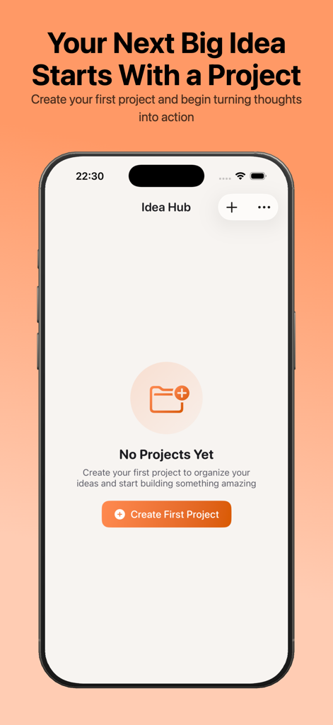 Planelo app onboarding screen showing the Idea Hub with a button to create your first project