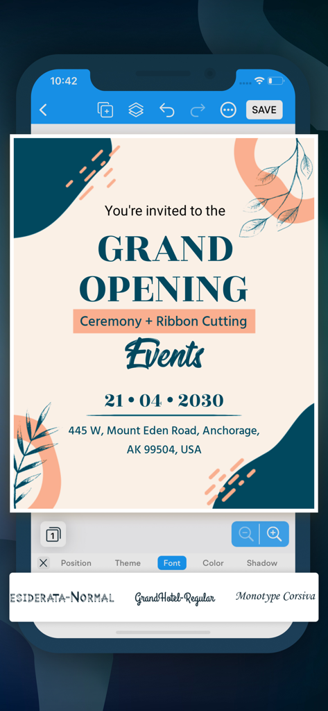 Poster Maker, Flyer Maker - Grand Opening flyer design on a mobile app interface