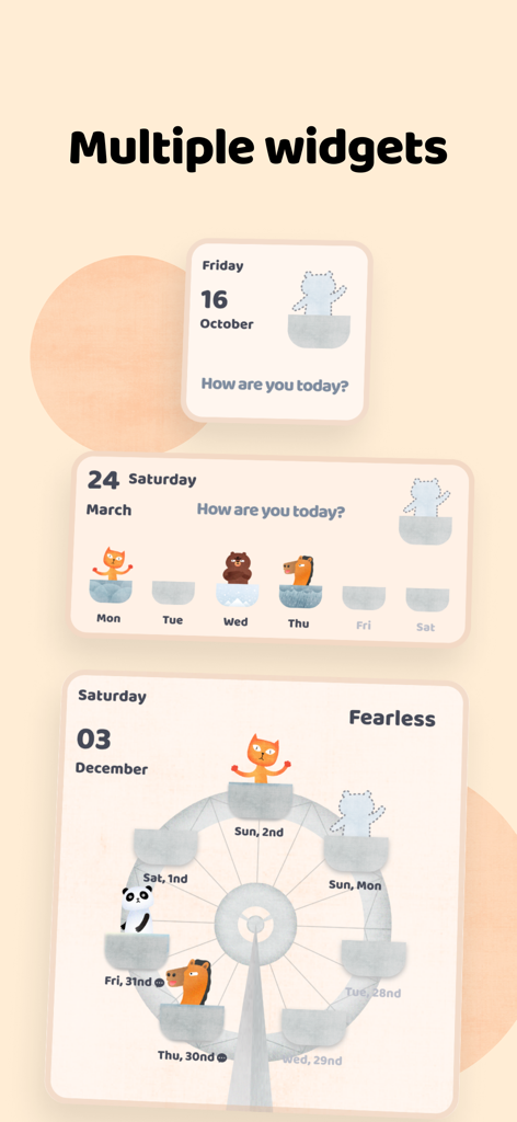 Uma vitrine de widgets estéticos do iOS para rastreamento de humor, apresentando uma roda-gigante caprichosa e ilustrações de animais fofos.