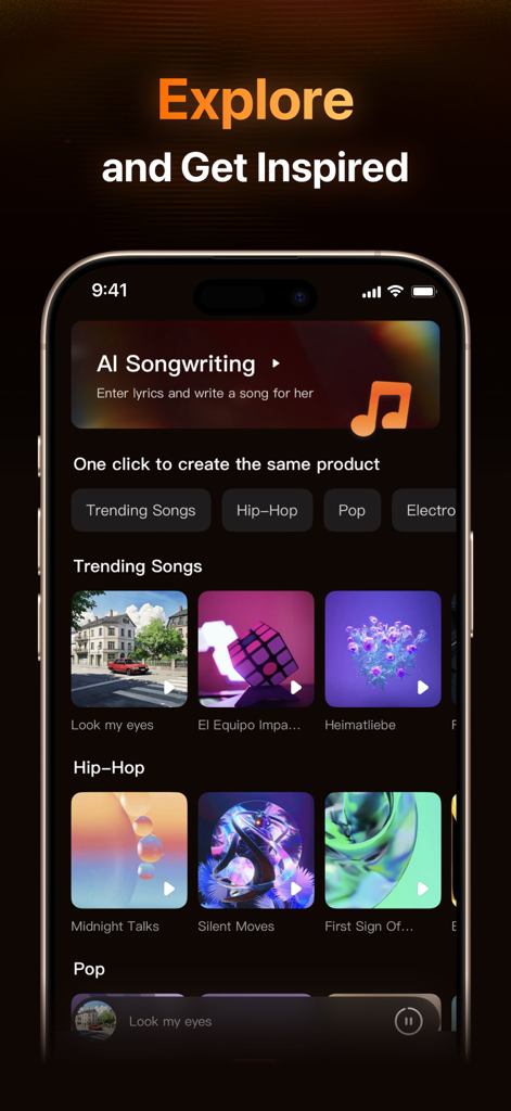 AI Songs & Music Maker：TuneMe - TuneMe app interface showing trending AI songs and music categories like Hip Hop and Pop