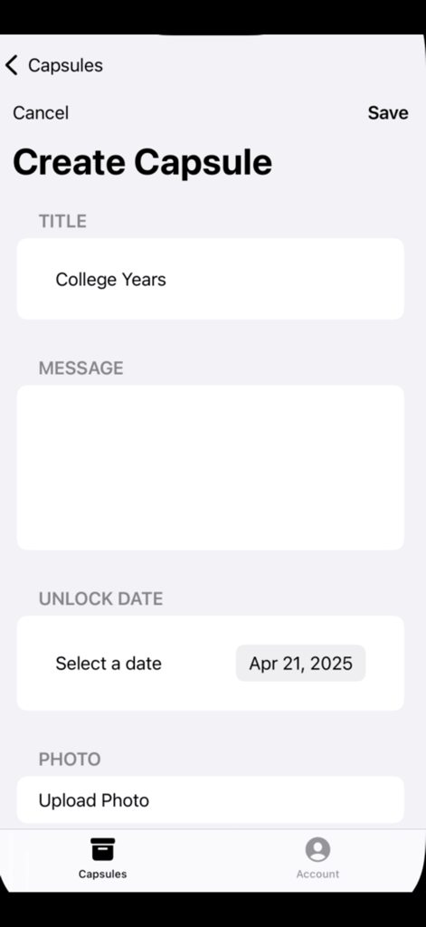 My Time Capsule - Interface para criar uma nova cápsula do tempo digital com campos de título, mensagem, data de desbloqueio e upload de foto