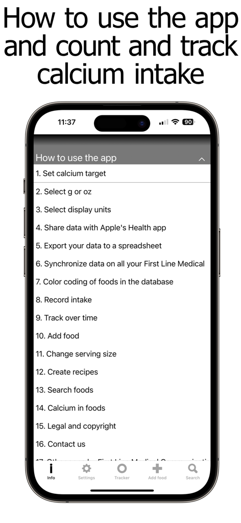 Calcium Counter and Tracker - Screen showing the list of instructions on how to use the Calcium Counter and Tracker app