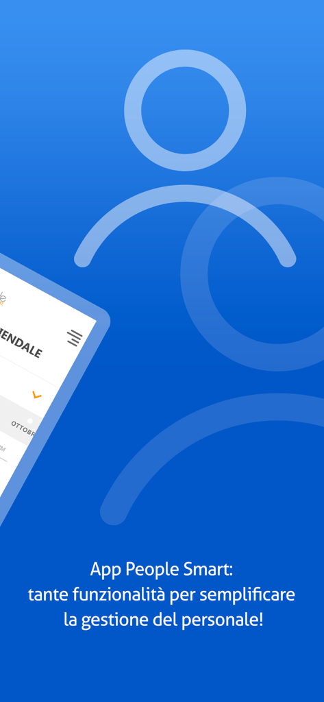 Introductory screen for the People Smart app highlighting HR and personnel management features with a blue background and stylized icons.
