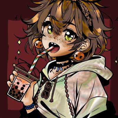 hot baddie anime girl drinking boba and biting the straw