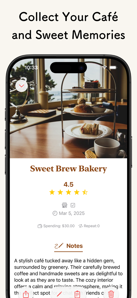 Sweetory - Log your sweets - Sweetory app interface showing a detailed café log entry with a food photo and star rating