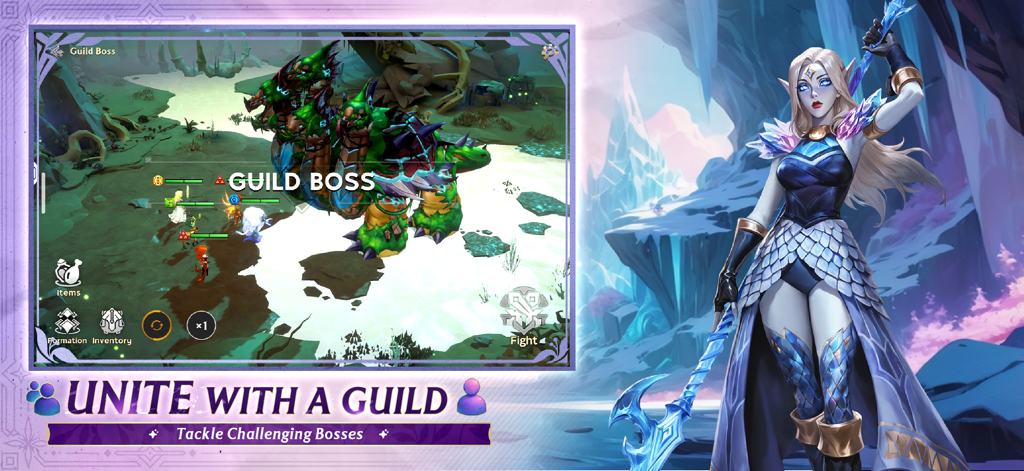 Una escena de batalla en Guild of Guardians que muestra a un escuadrón luchando contra un gran jefe verde de gremio con un personaje mago en primer plano