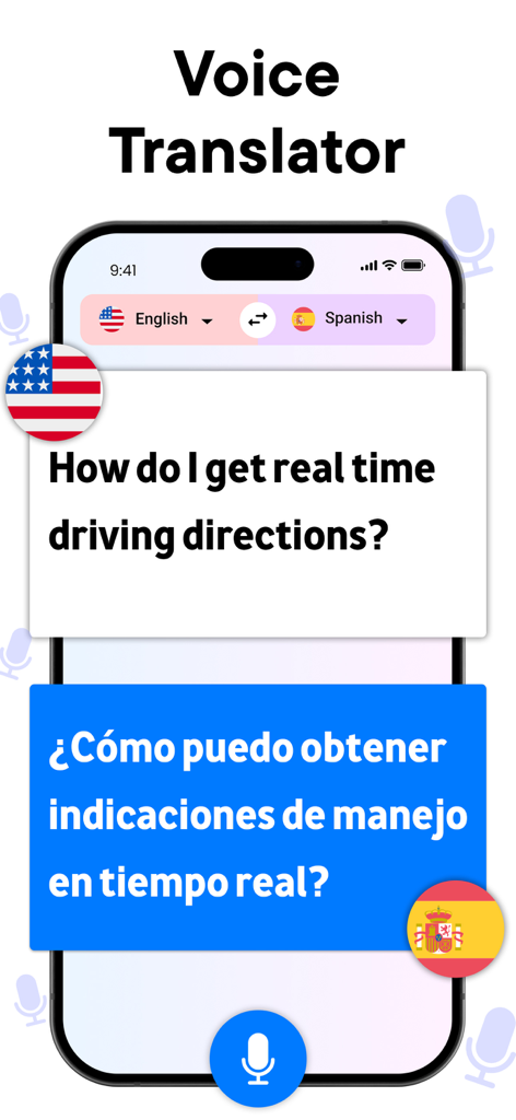 Voice translator interface showing an English to Spanish translation on a smartphone