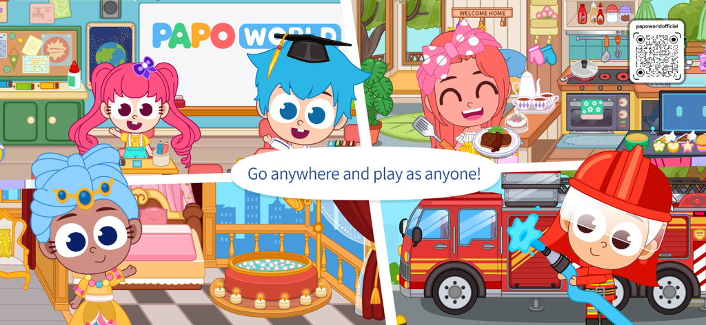 Papo Town: World - A colorful collage of various cartoon scenes and characters from the Papo Town World app