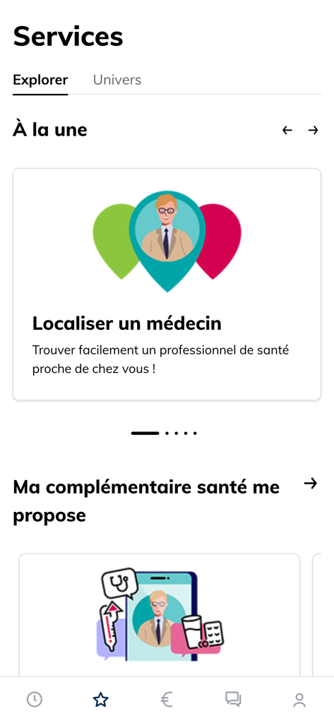 Mercer ma santé - Pantalla de la aplicación móvil Mercer ma sante que muestra el explorador de servicios con una herramienta para encontrar un médico