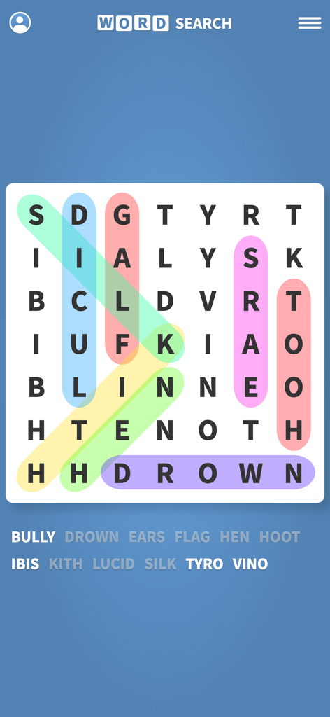 Word Search Puzzles ·· - A clean word search puzzle grid with colorful highlights and a list of English words to find