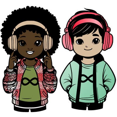 an afroamerican girl with headphones and a boy with headphones, they have an ♾️ symbol on their shirt