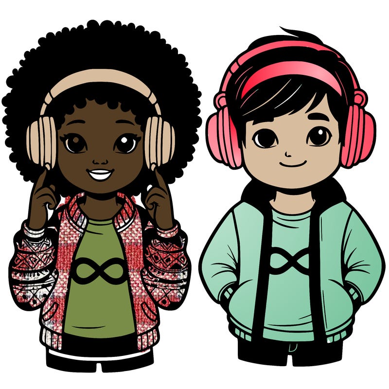 an afroamerican girl with headphones and a boy with headphones, they have an ♾️ symbol on their shirt