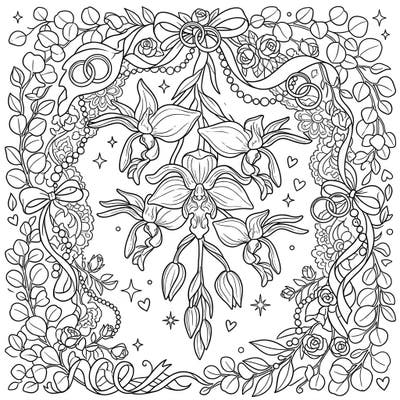 Discover this elegant coloring page featuring exotic Stanhopea Orchids beautifully intertwined with classic wedding celebration elements. Perfect for adding a touch of romance and natural beauty to your coloring collection.