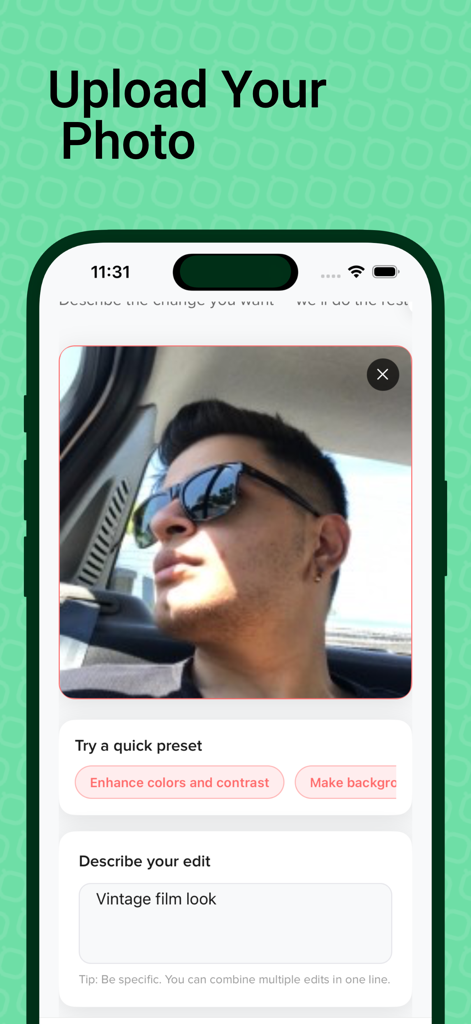 Mobile app interface showing the upload photo screen with a text prompt for applying a vintage film look