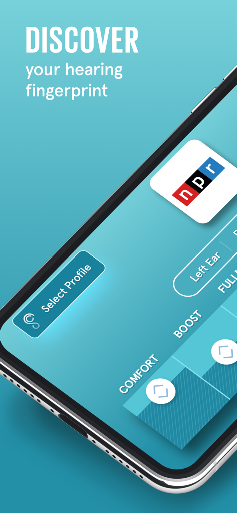 SonicCloud Personalized Sound - SonicCloud app interface showing the discover your hearing fingerprint screen with audio profile settings and NPR logo