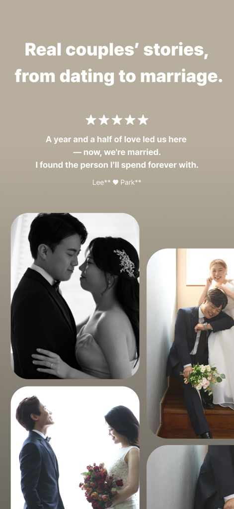 Noondate: Dating & Friends - Wedding photos and a success story testimonial from a couple who met on the Noondate dating app