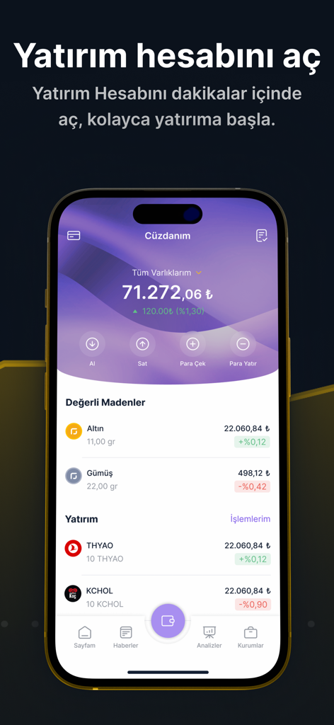 ForInvest: Piyasa Analizi - ForInvest mobile app interface showing investment wallet and portfolio balance