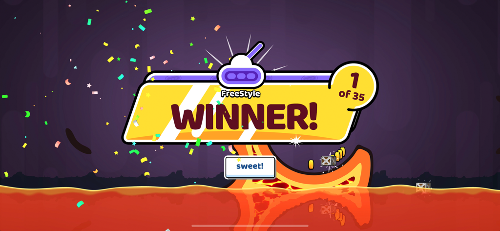 Rocket Bot Royale - Victory screen for Rocket Bot Royale showing a large winner banner and player rank one of thirty five with confetti