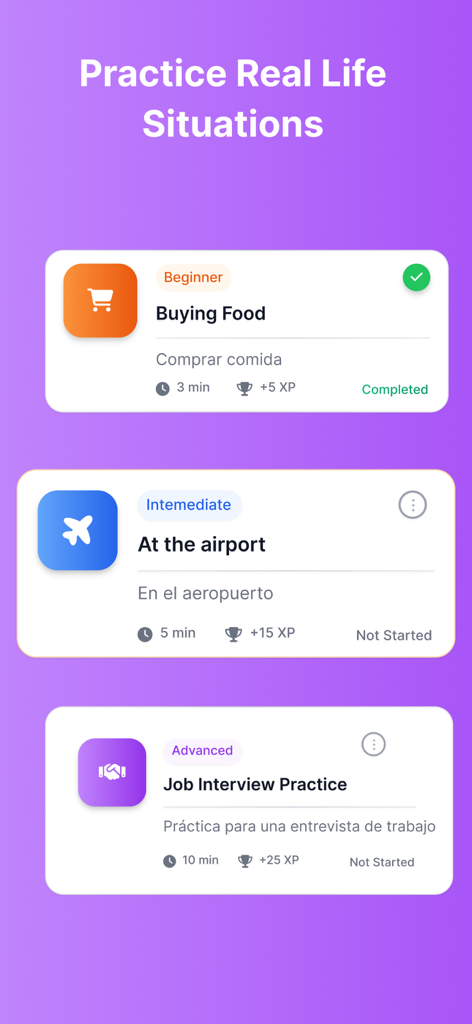 LingUp: AI Language Speaking - Interface of LingUp app displaying real life language practice situations for various proficiency levels