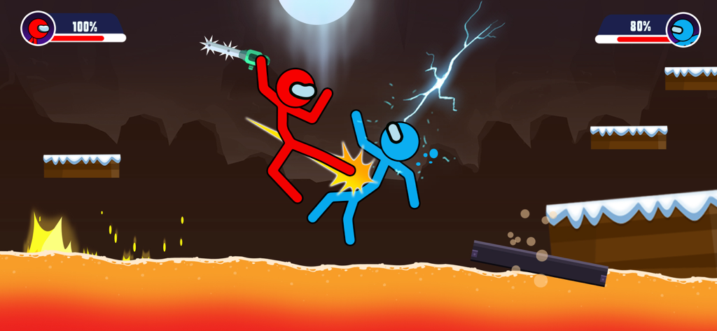 Guerreiro stickman vermelho atacando um oponente azul com uma motosserra em um jogo de batalha baseado em física sobre um poço de lava.