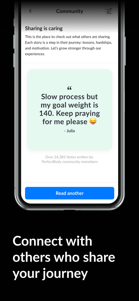 Community feature screen in the Perfect Body app showing a supportive user quote and the text Connect with others who share your journey.