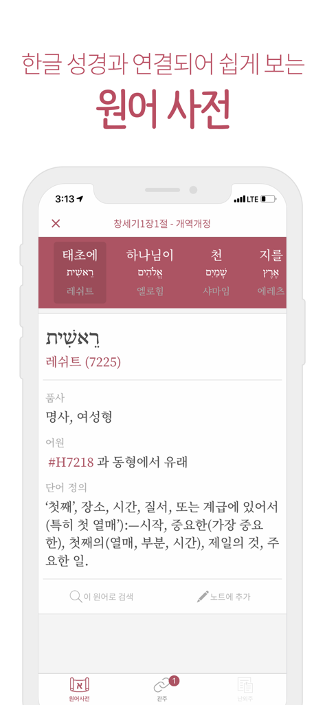 Interface of the New Pictree Bible app showing a Hebrew word analysis and original language dictionary entry in Korean