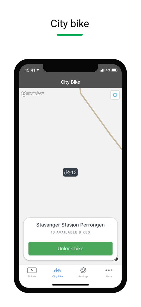 Kolumbus Billett app interface showing city bike availability and unlock button on a map of Stavanger