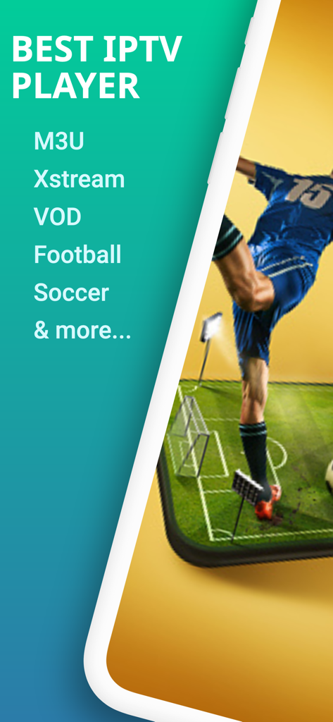 Super IPTV - Live Soccer TV - Best IPTV player promotional screen showing support for M3U Xtream and VOD with a soccer player kicking a ball